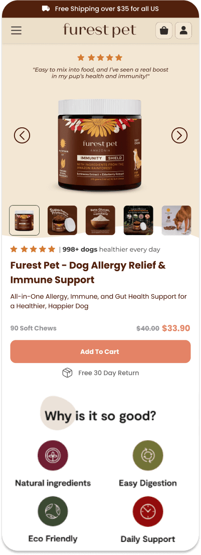 Our mock-up of the variants we’d test: stars and a customer quote above the name, a two-line name with one line on what it does, and the price beside the chew count above Add to Cart